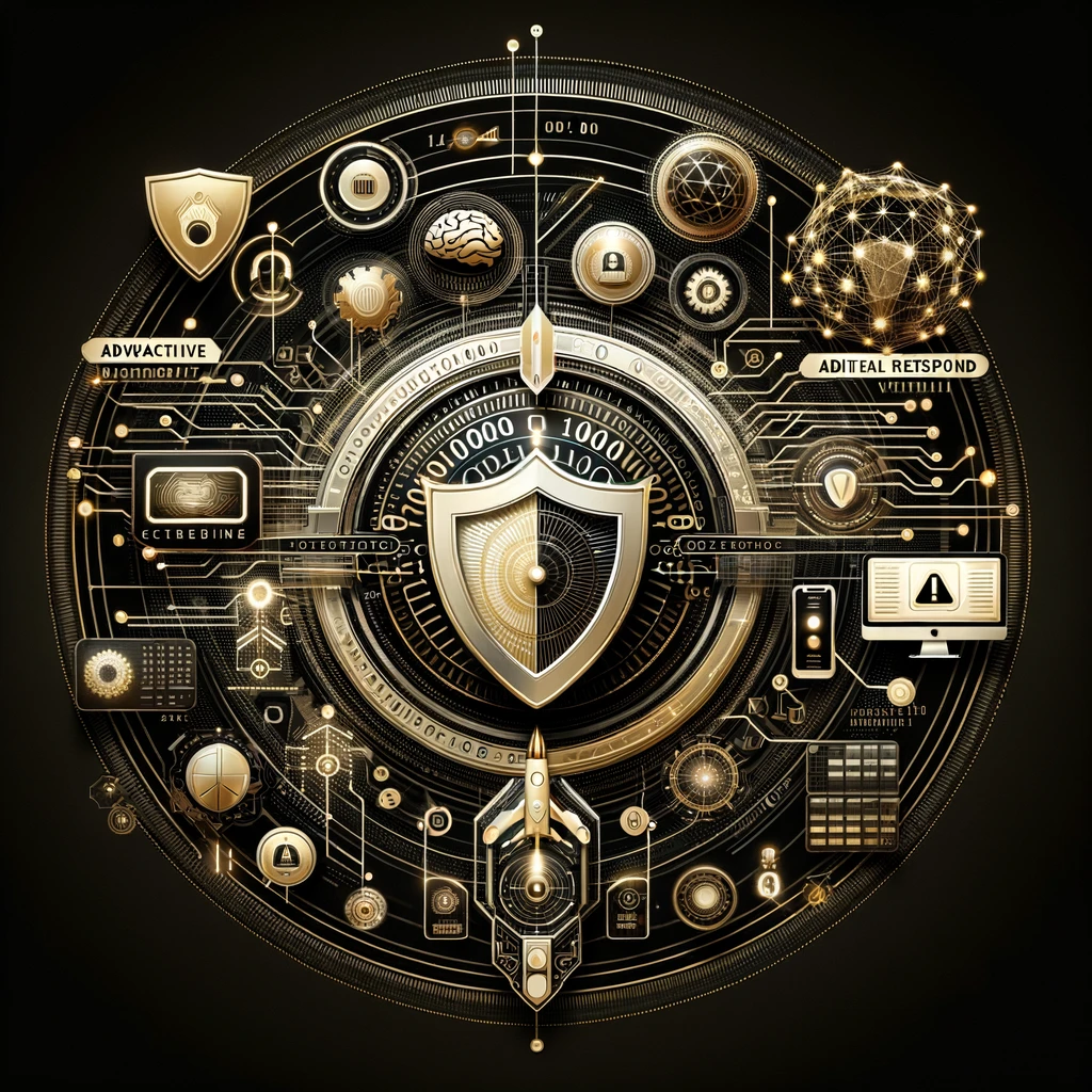 Artwork with a large shield in the middle and web elements surrounding it meant to conceptualize cyber security